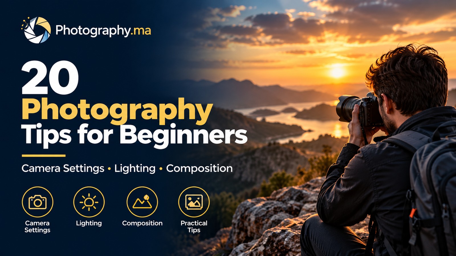 Photography tips for beginners with a photographer capturing a sunset landscape