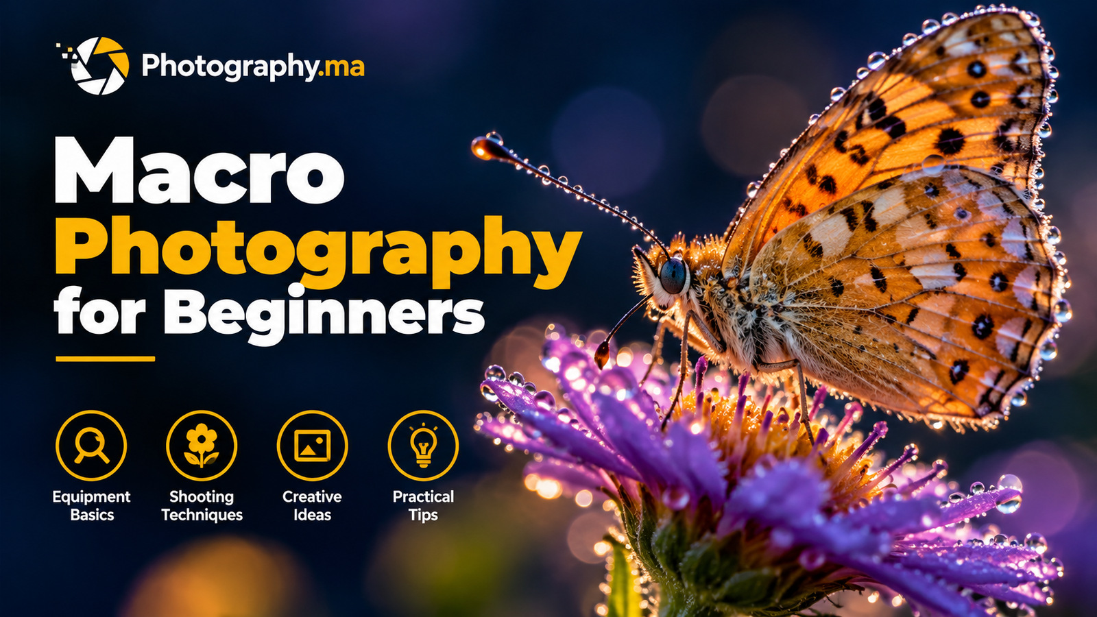 Macro photography for beginners with butterfly on purple flower.