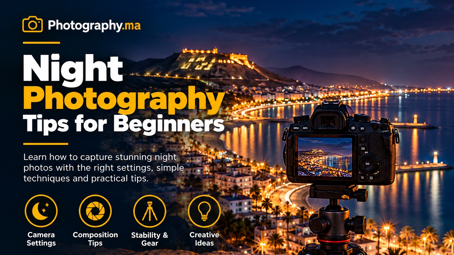 night photography tips for beginners with camera on tripod overlooking illuminated coastline