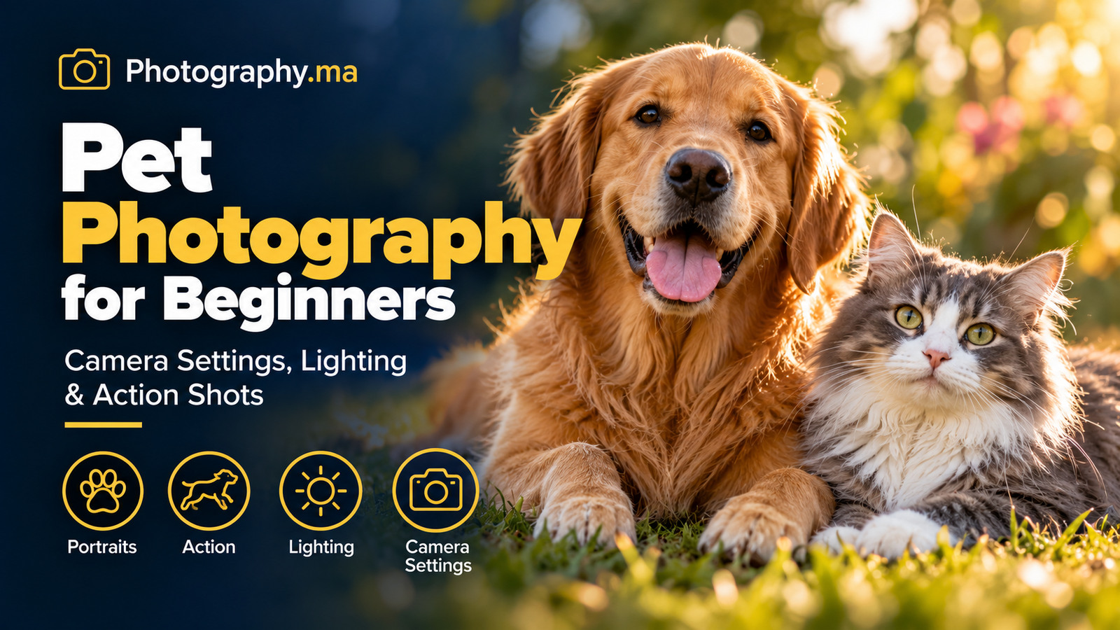 Pet photography tips for beginners with golden retriever and cat in warm natural light