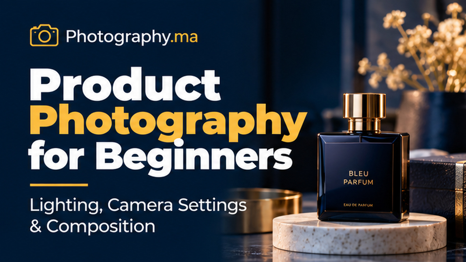 Product photography for beginners with perfume bottle and studio lighting setup