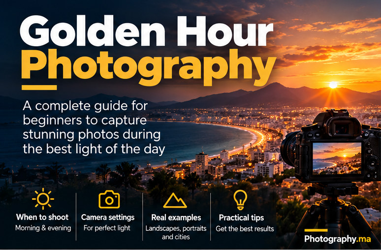 Golden hour photography tutorial with camera overlooking a sunset coast