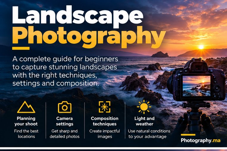 Landscape photography tips for beginners with camera at sunset coast.