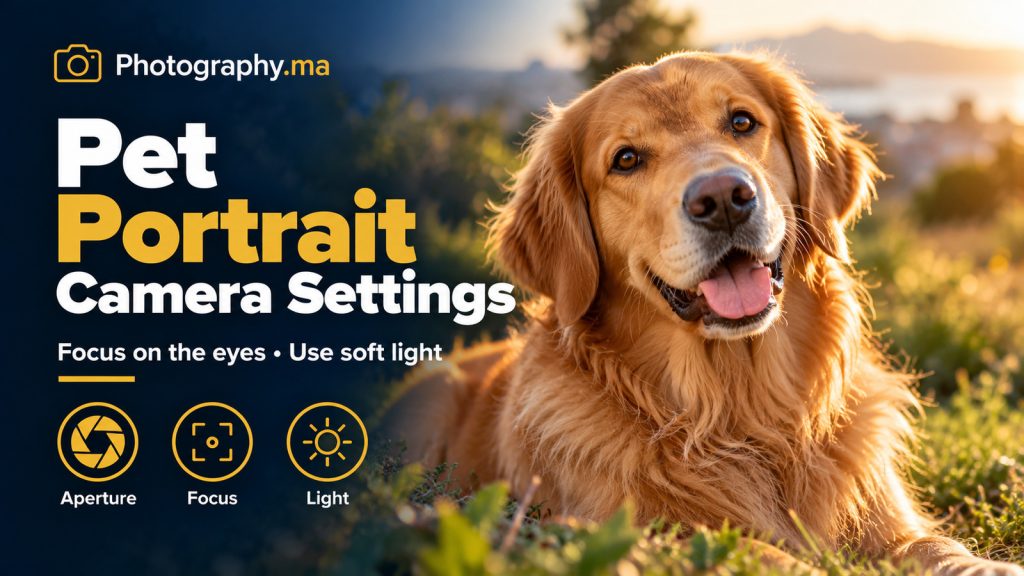 Golden retriever portrait demonstrating pet photography camera settings in golden-hour light