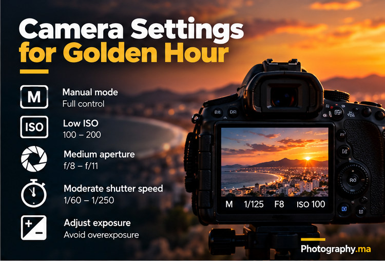 Golden hour photography camera settings shown beside a sunset landscape