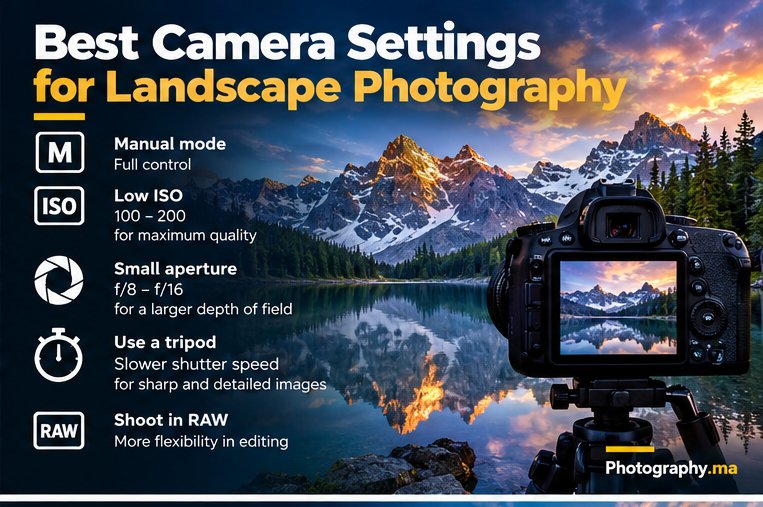 Landscape photography camera settings illustrated with mountain lake and camera.
