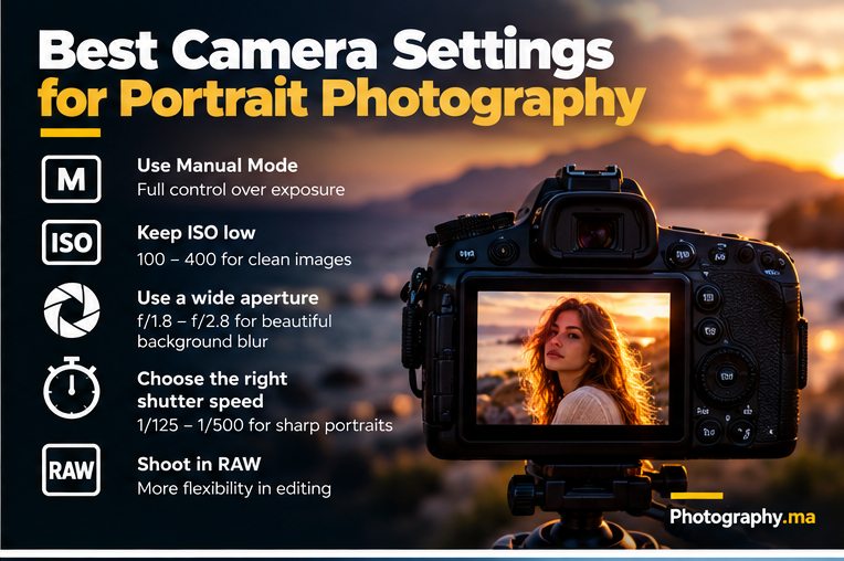 Camera settings for beginner portrait lighting in golden hour