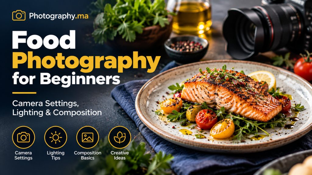 Side-lit salmon meal demonstrating natural light for food photography