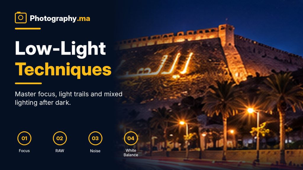 night photography techniques with city light trails and low-light focusing