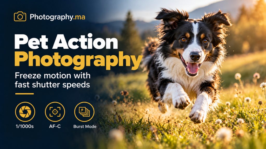 Border collie running across a field illustrating fast shutter speed for pet action photography