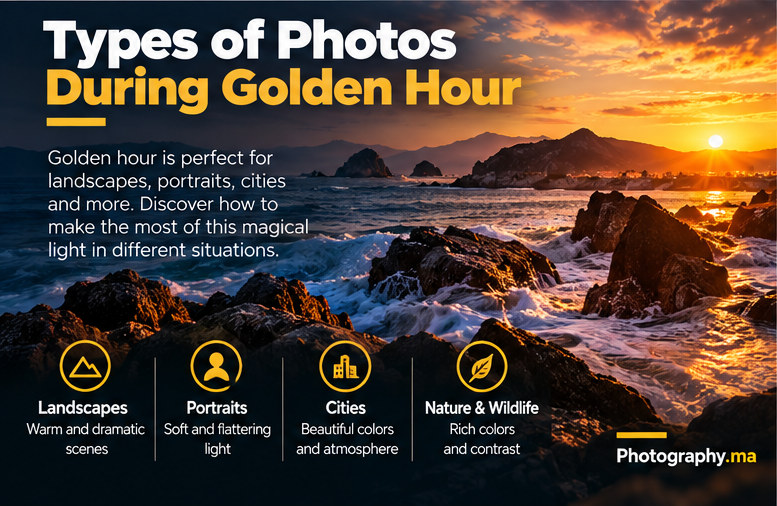 Golden hour photography examples including landscapes and coastal scenes