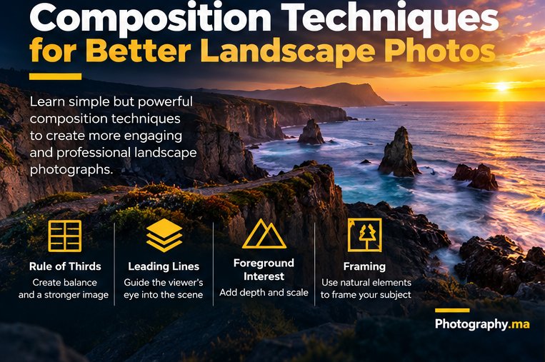 Landscape photography composition techniques with coastal leading lines and foreground.