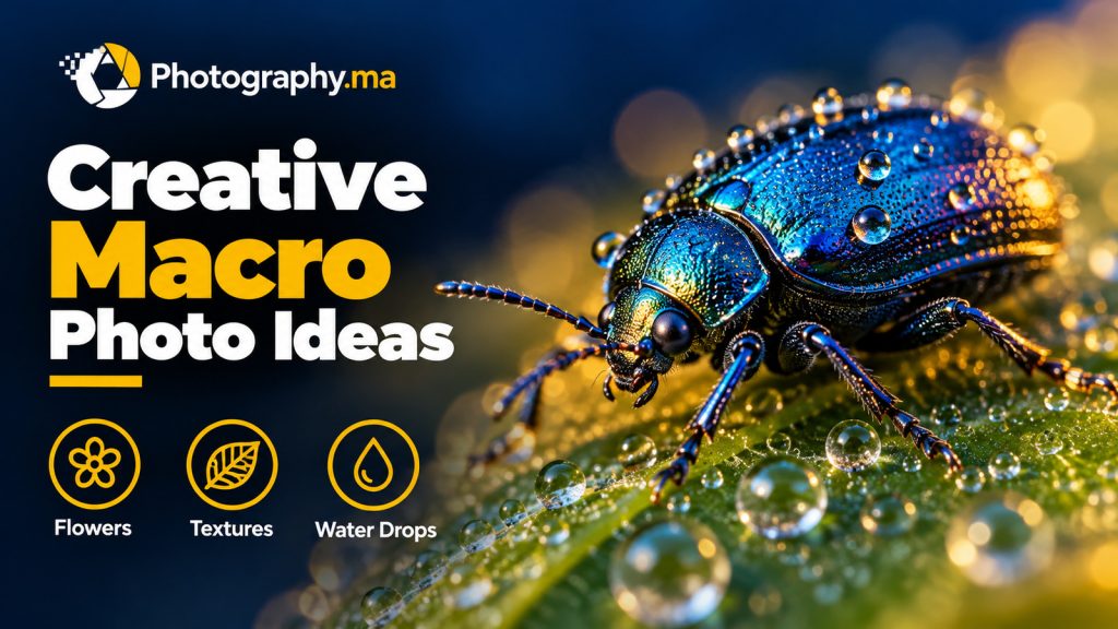 Creative macro photography of metallic blue beetle and water drops.