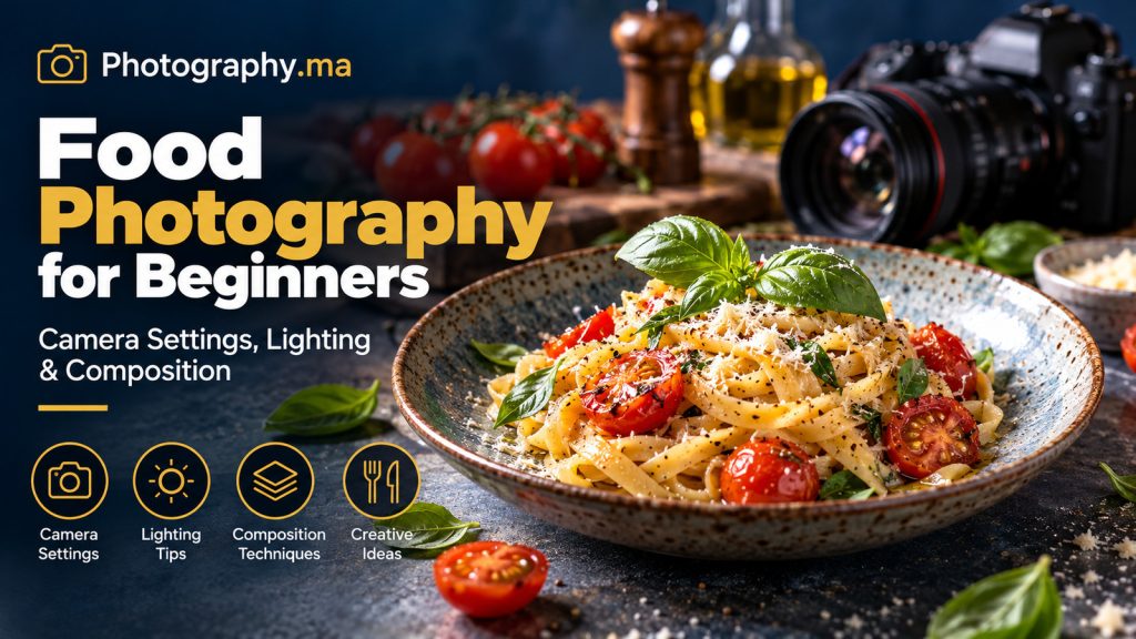 Pasta dish styled with tomatoes and basil to demonstrate food photography composition