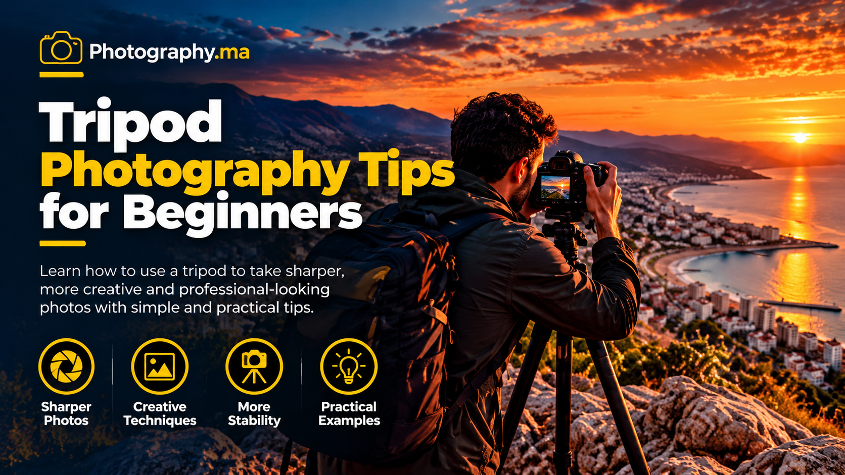 Tripod photography tips for beginners with a camera overlooking a coastline