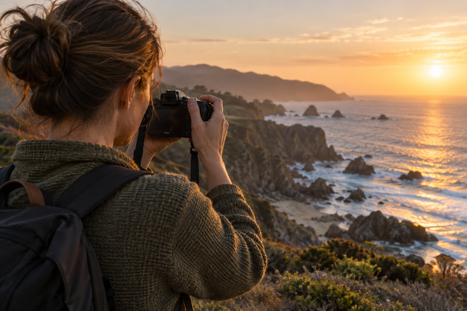 Best photography tips for beginners illustrated by a photographer capturing a rocky coastline at sunset