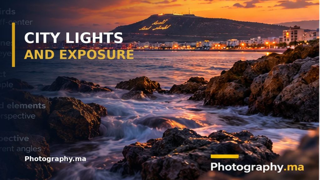 City lights and reflections during blue hour photography
