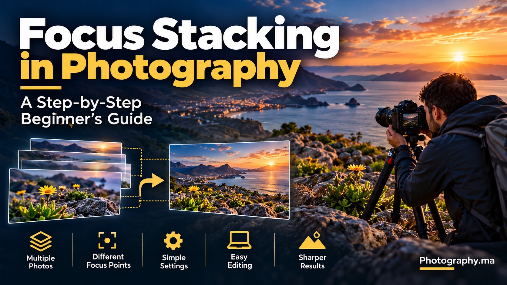 Focus stacking in photography explained with a camera and landscape at sunset