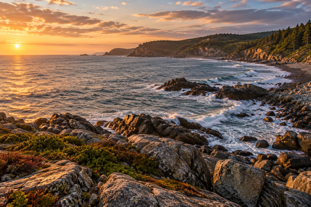 Rocky coastline in evening light with foreground rocks and a curved shoreline
