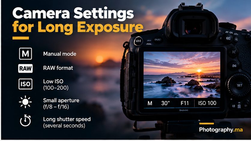 Camera settings for long exposure photography with manual mode and low ISO
