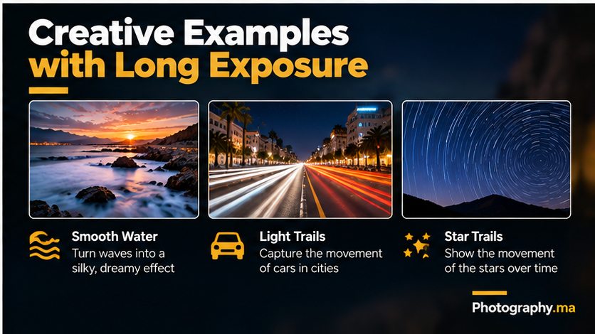 Long exposure examples including silky water, city light trails and star trails