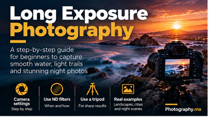 Long exposure photography tutorial showing smooth sea water and a tripod camera at sunset