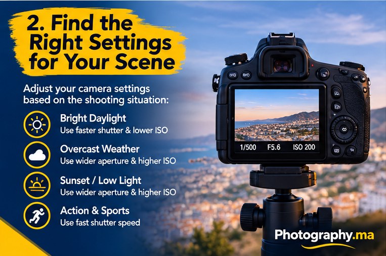 Manual mode camera settings for landscape and outdoor scenes