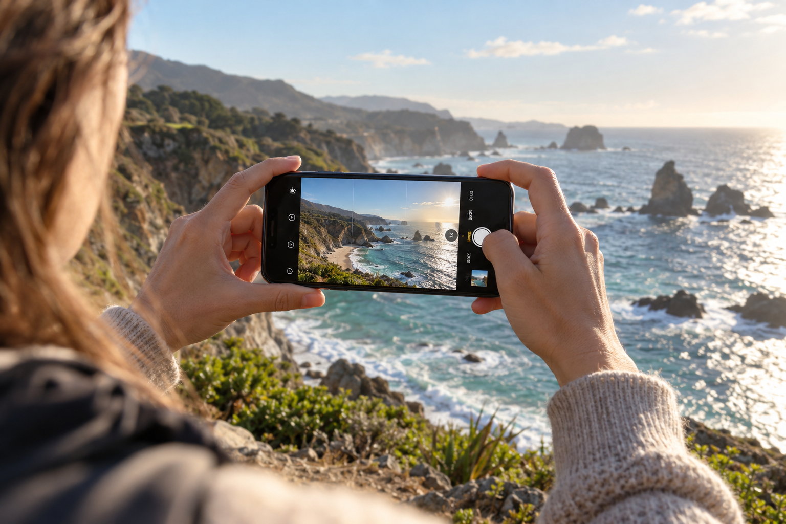 Hands holding a smartphone to frame a rocky coast, illustrating smartphone photography tips