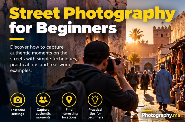 Street photography for beginners in a sunlit historic street with a photographer