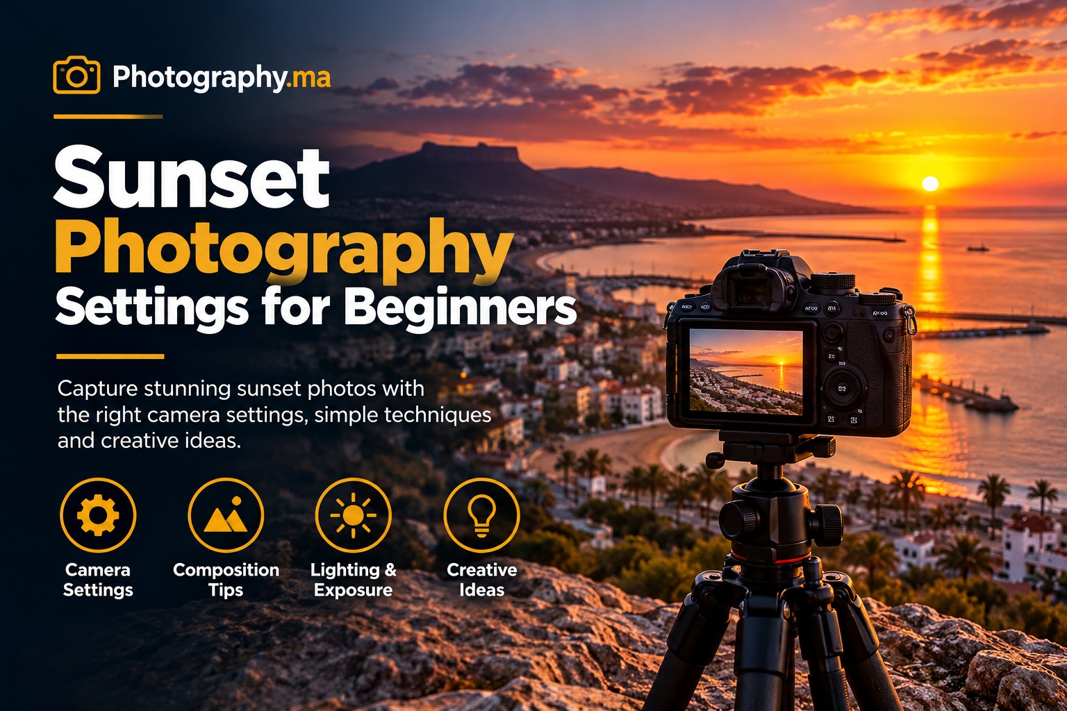 Sunset photography settings for beginners with camera on tripod overlooking sunset coast