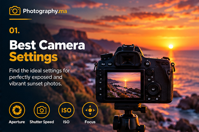 Best camera settings for sunset photography with tripod-mounted camera and glowing coast.