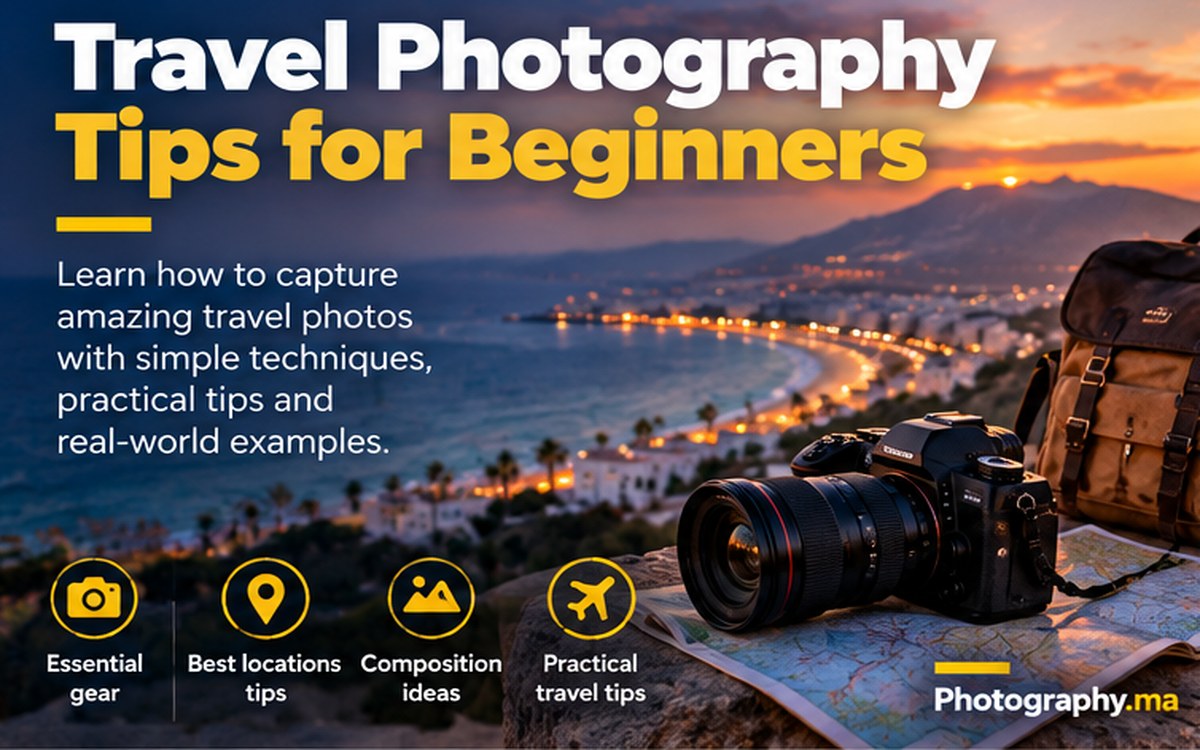 Essential travel photography gear including camera bag and lenses