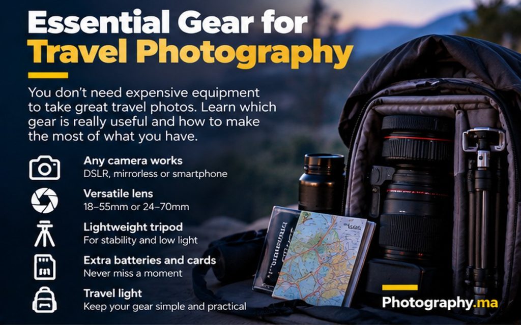 Essential travel photography gear including camera bag and lenses
