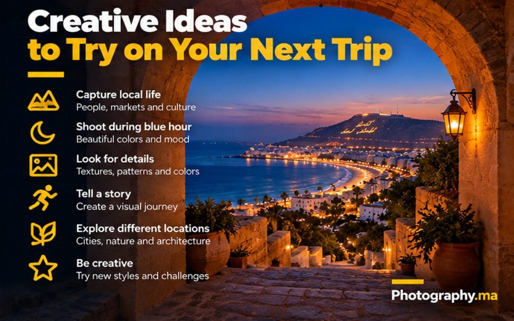 Creative travel photography ideas at blue hour in a coastal city