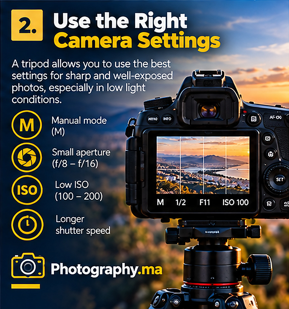 Camera on tripod for sharp long exposure photography at sunset