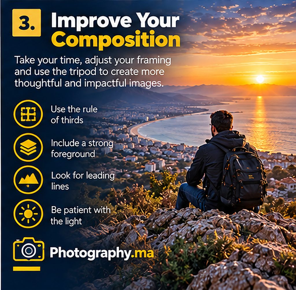 Tripod camera composition and framing at a scenic viewpoint